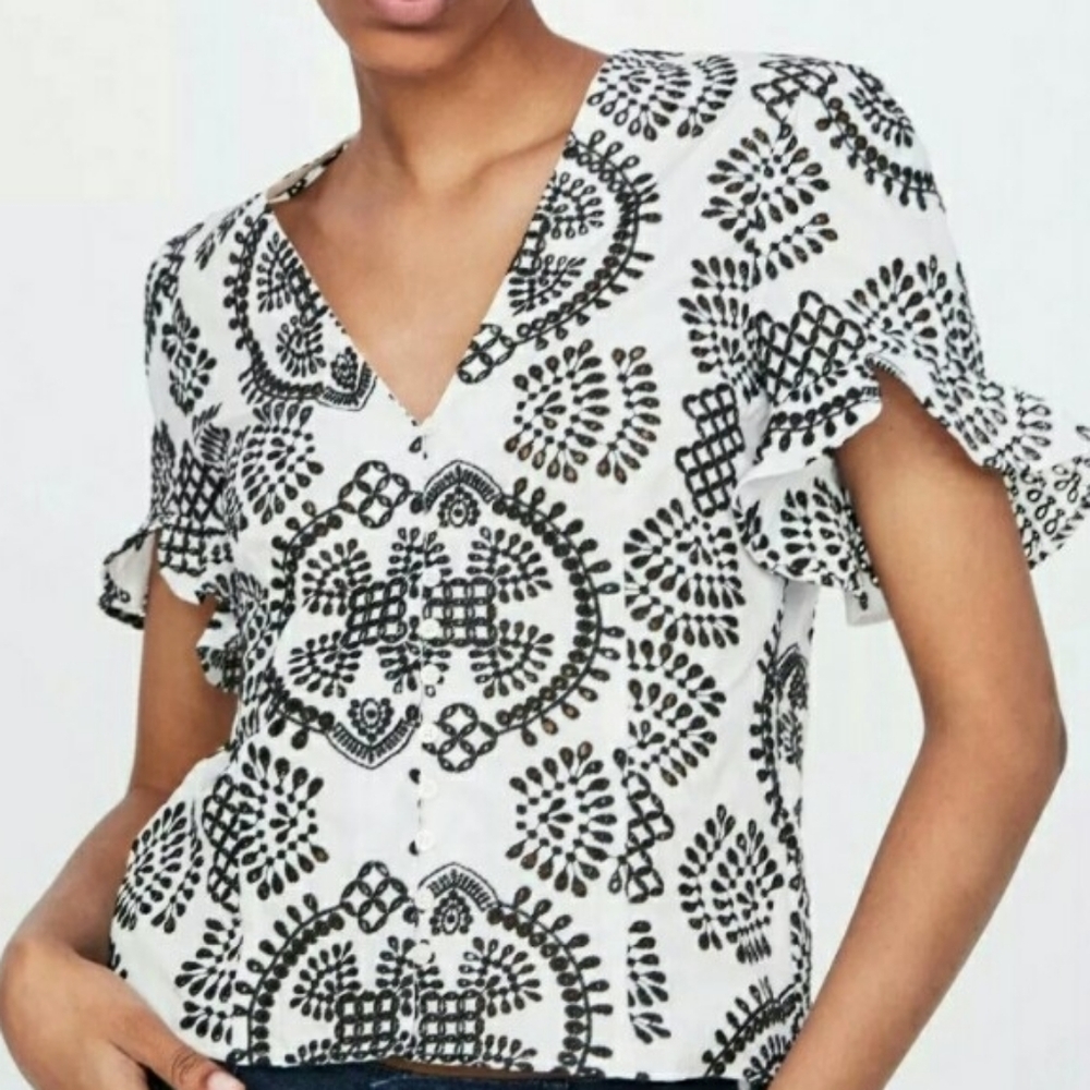 Zara Embroidered Floral Ruffle Sleeve Blouse